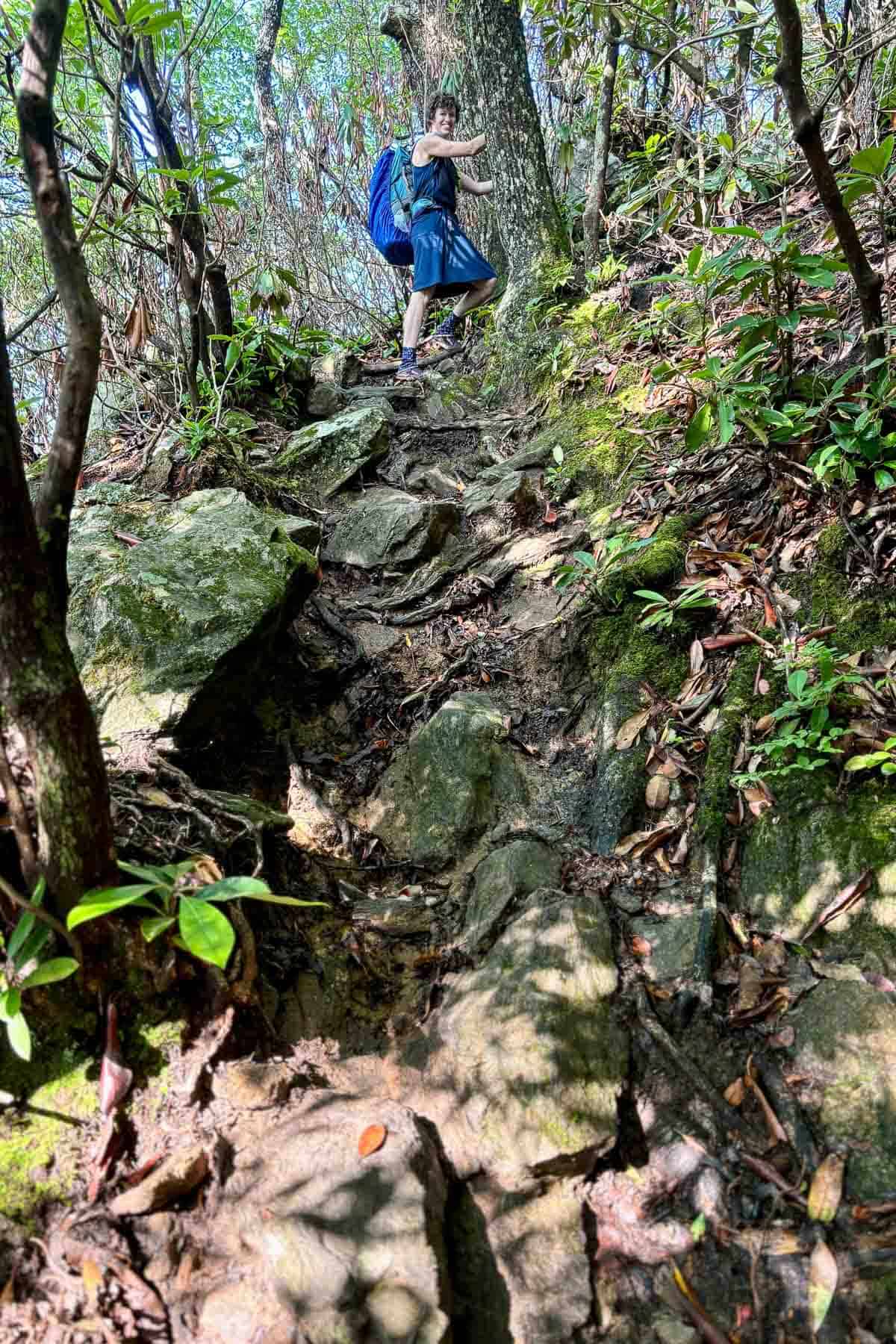 Hiker wearing large backpack and ascending hillside.