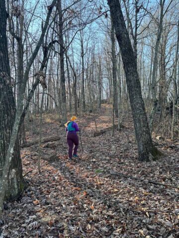 Hiker dressed for winter going uphill on leaf-covered trail.