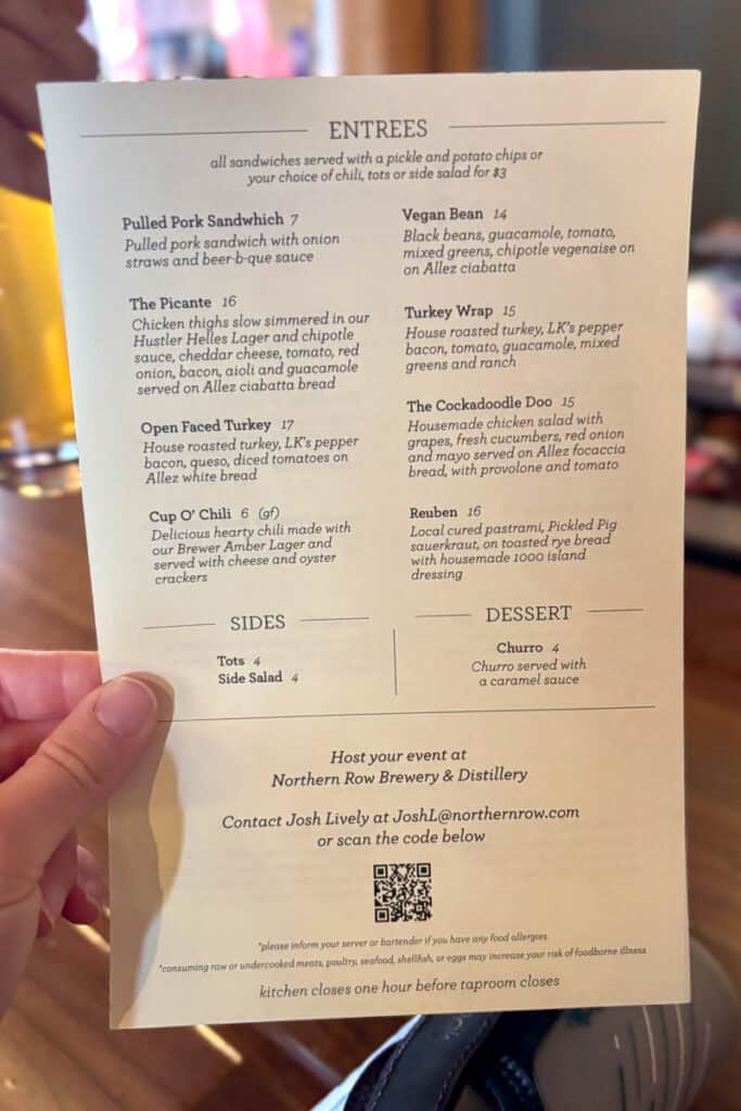 Entree menu at Northern Row Brewery.
