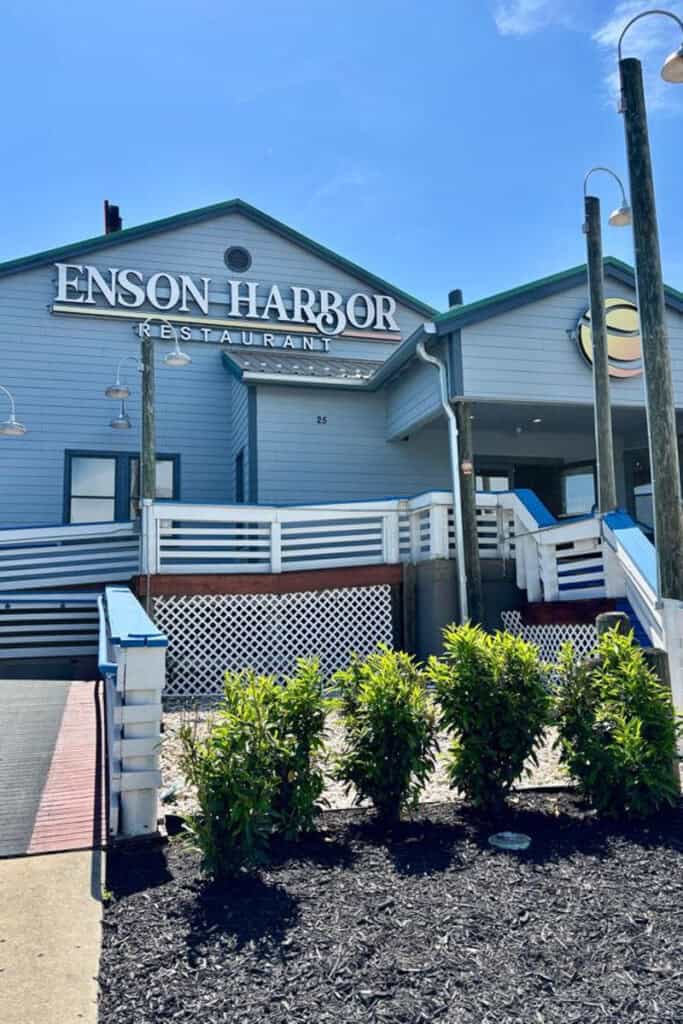 Ramp and staircase at entrance of Enson Harbor restaurant.