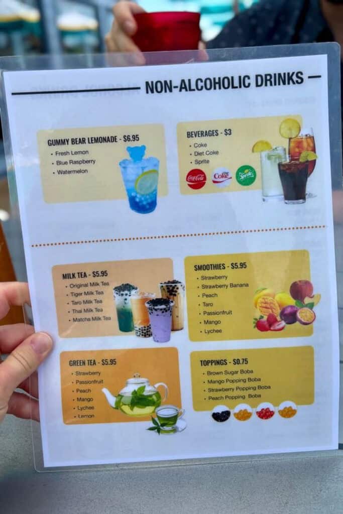 Lemonade, tea, and smoothie menu at Enson Harbor.