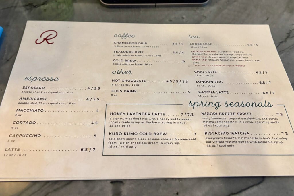 Drinks menu at Redtree Coffee.