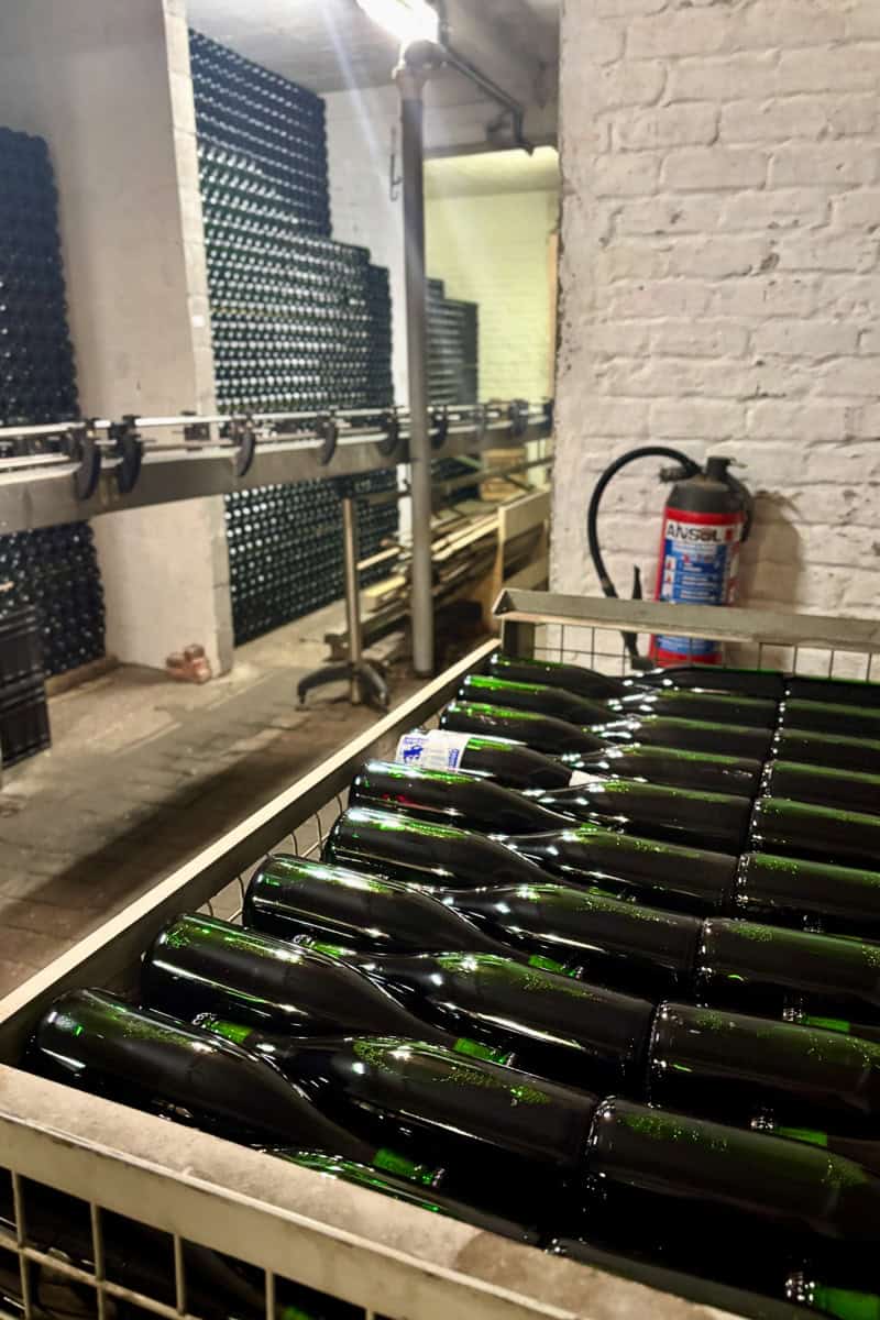 Lot of filled green beer bottles.