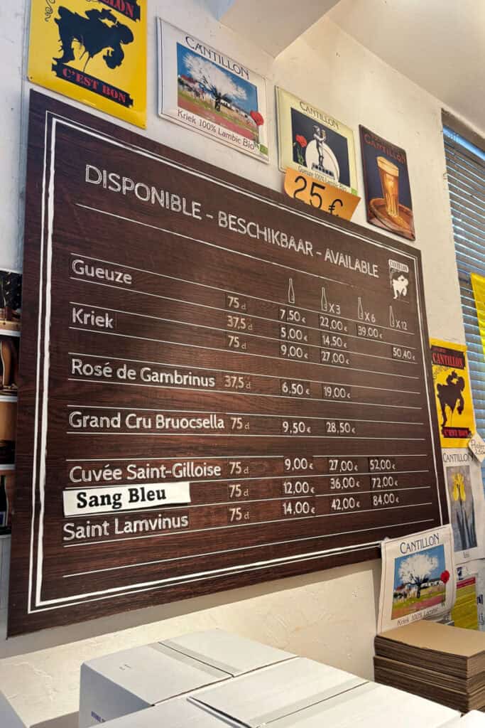 List of types of beer and prices at Cantillon Brewery.