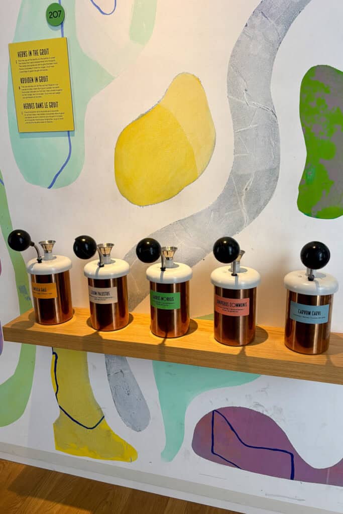 Containers holding various herbs used in beer brewing.