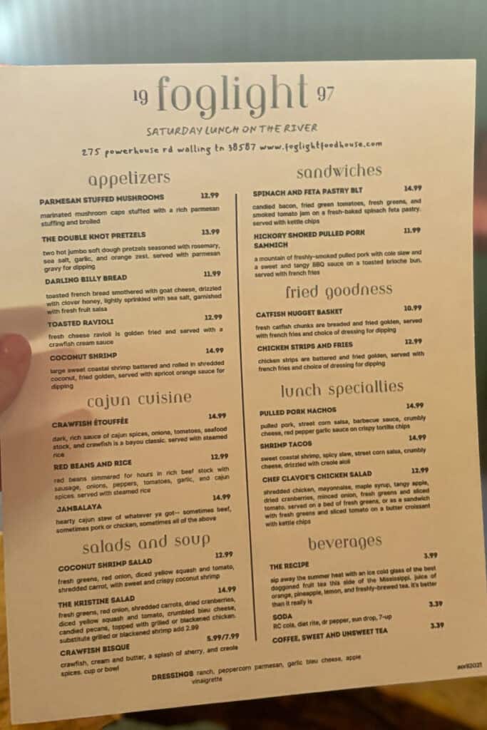 Menu at Foglight Foodhouse.
