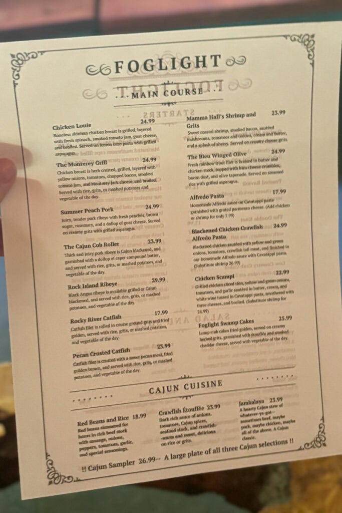 Main course menu at Foglight Foodhouse.