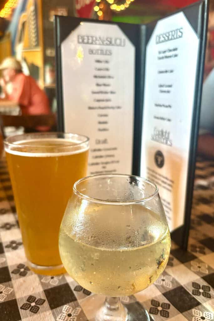 Glasses of beer and wine.