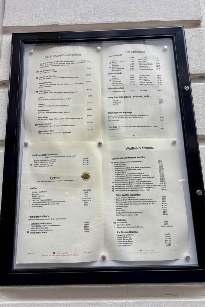 Menu on display at The Old Chocolate House.