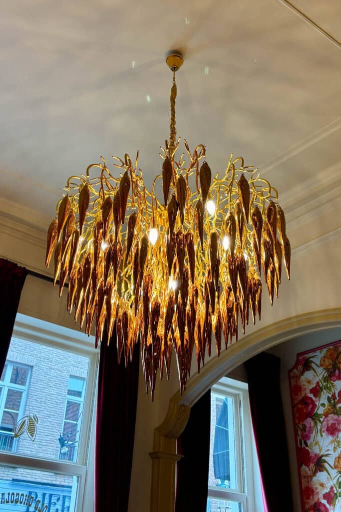 Chandelier featuring cacao pod-shaped fixtures.