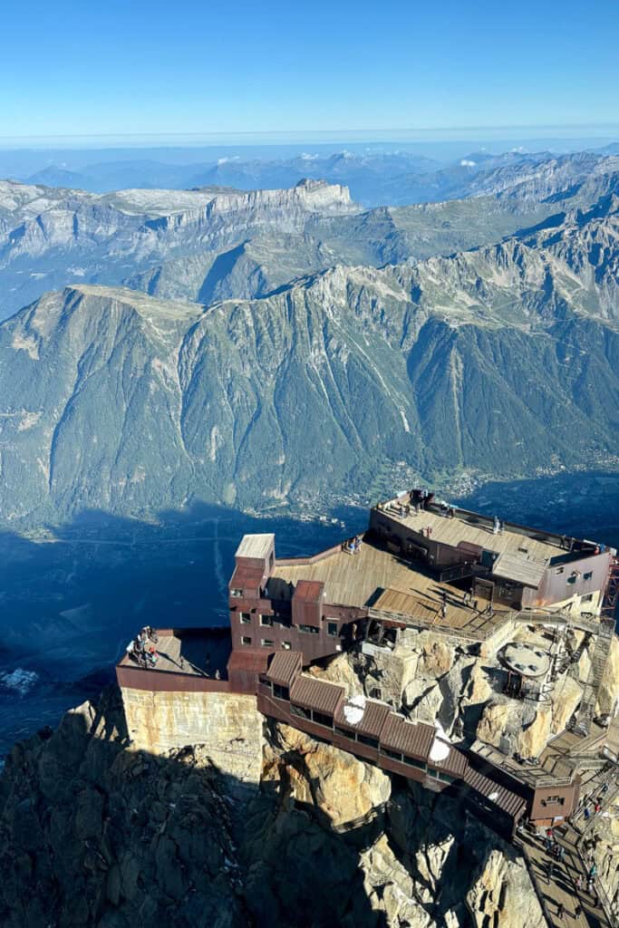 View from above of lower viewing platforms atop Aiguille du Midi.
