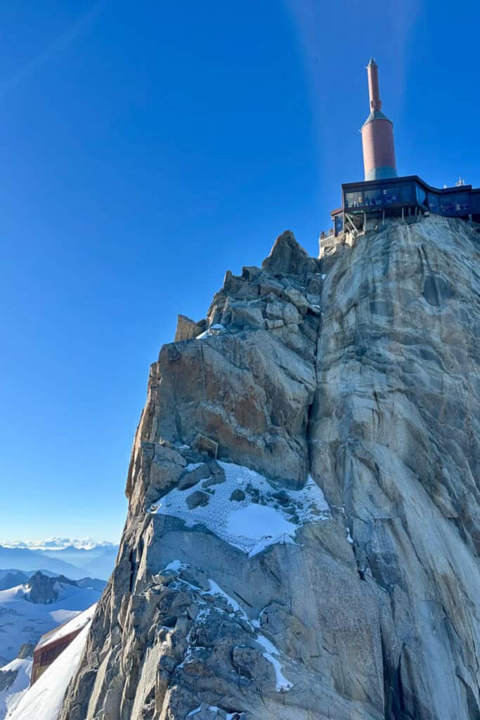 Tower built on top of rocky massif of Mont Blanc.