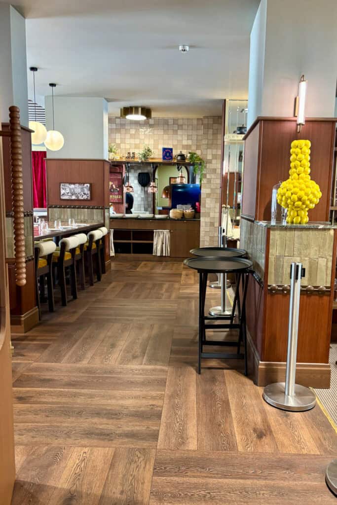 Entrance to Cafe Nonna with a view of the kitchen at the back.