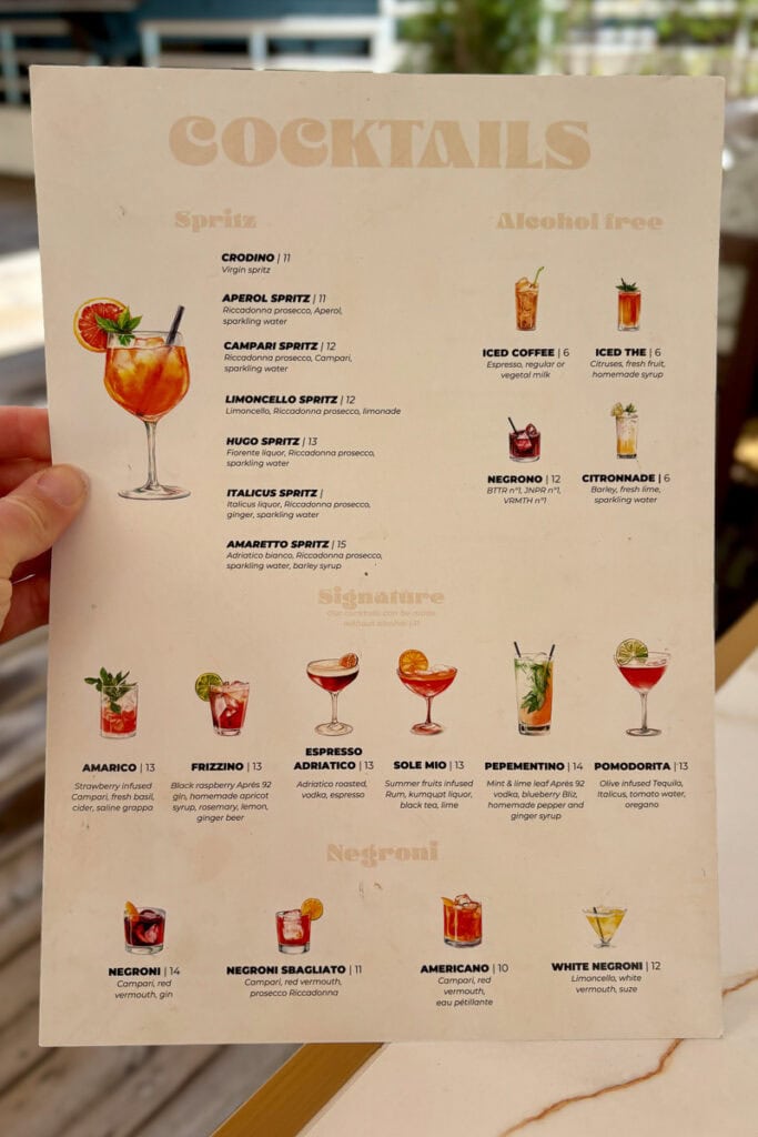 Cocktail menu at Cafe Nonna.