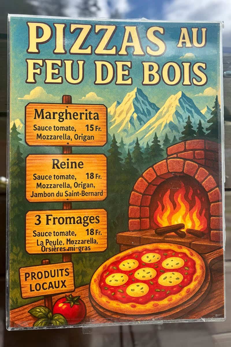 Pizza menu at Camping des Glaciers.