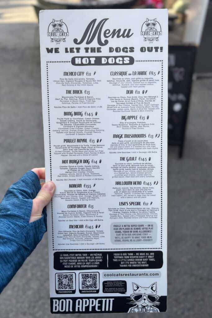 Cool Cats Hot Dogs menu.