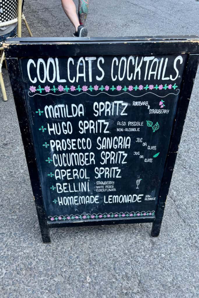Board listing cocktails at Cool Cats.