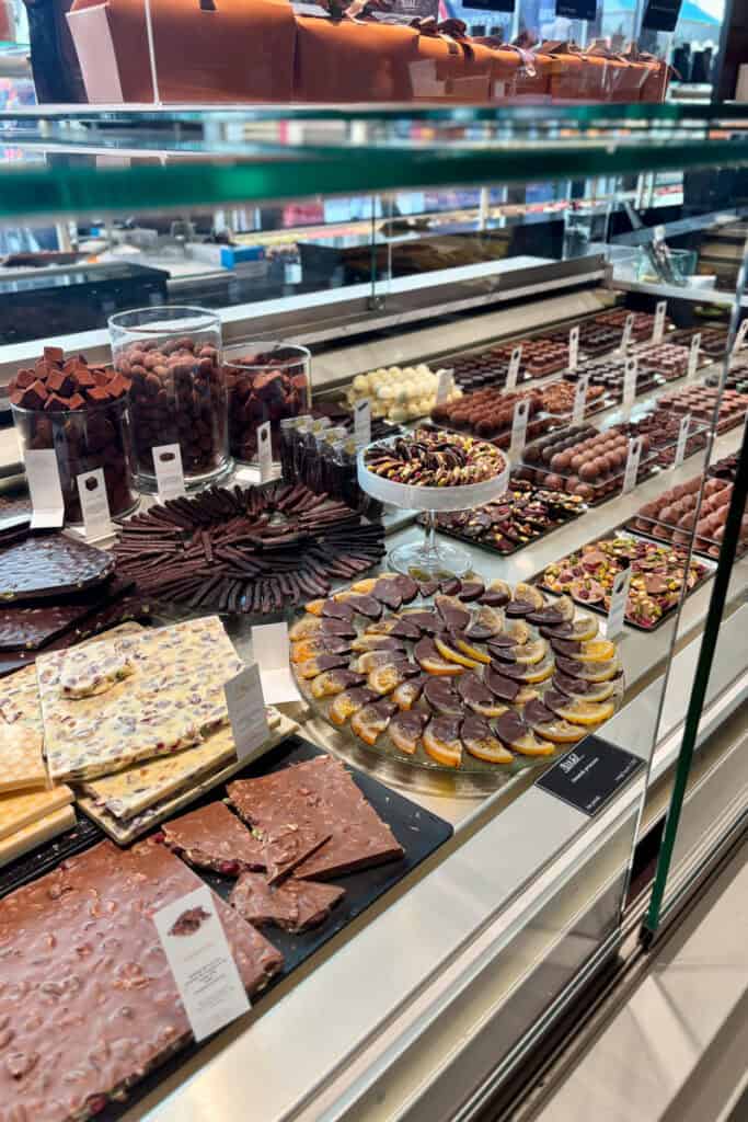 Chocolate delicacies on display.