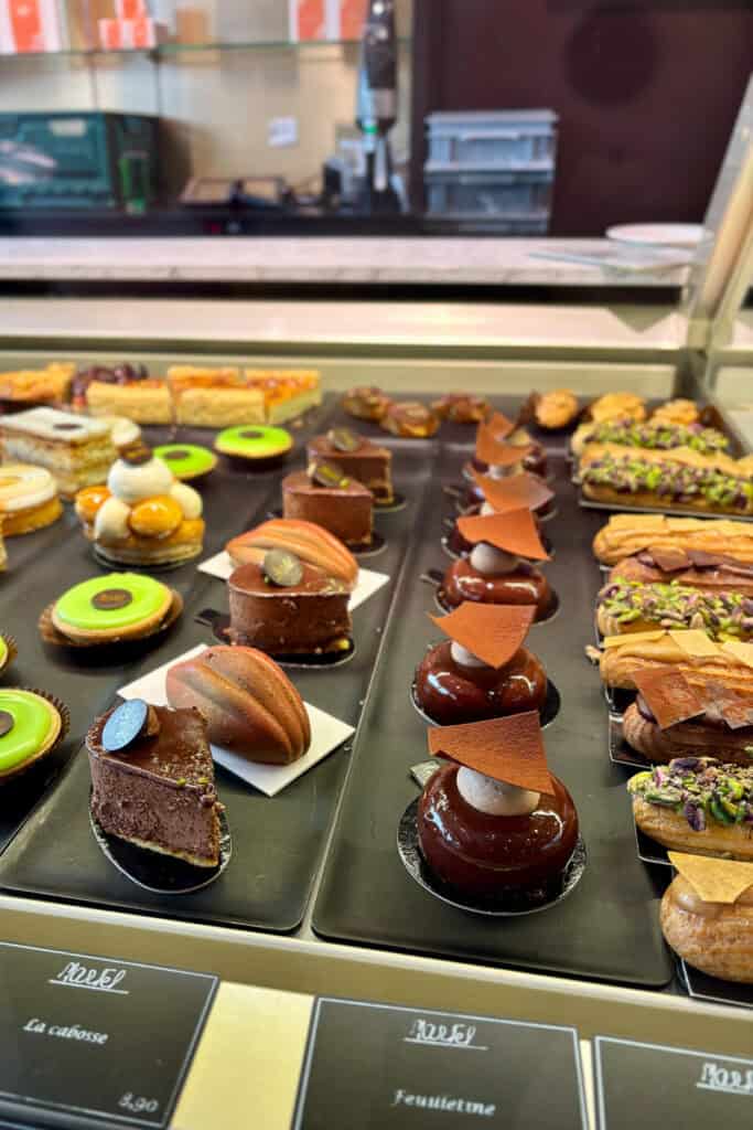 Chocolate mousse delicacies on display.