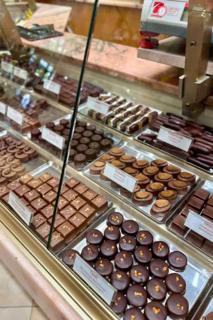 Chocolate delicacies on display.