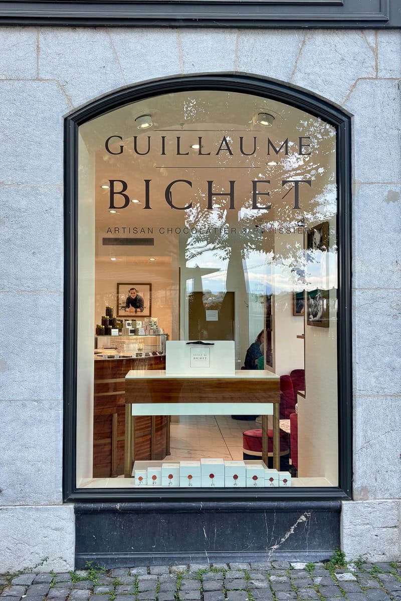 View from street into window of Guillaume Bichet chocolate store, a Choco Pass participating location.