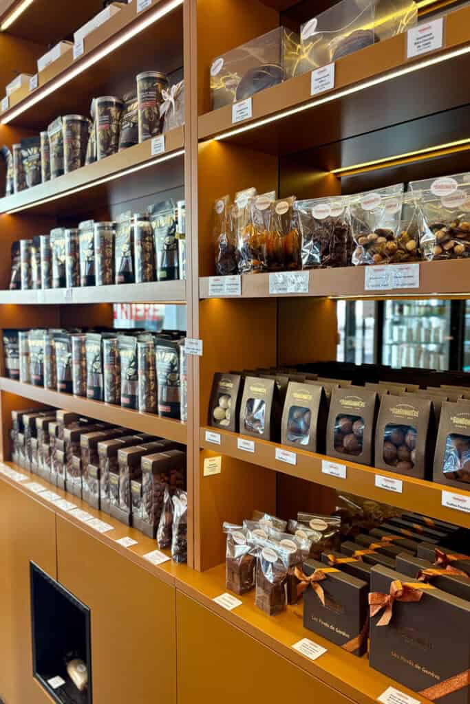 Shelves full of chocolate products.