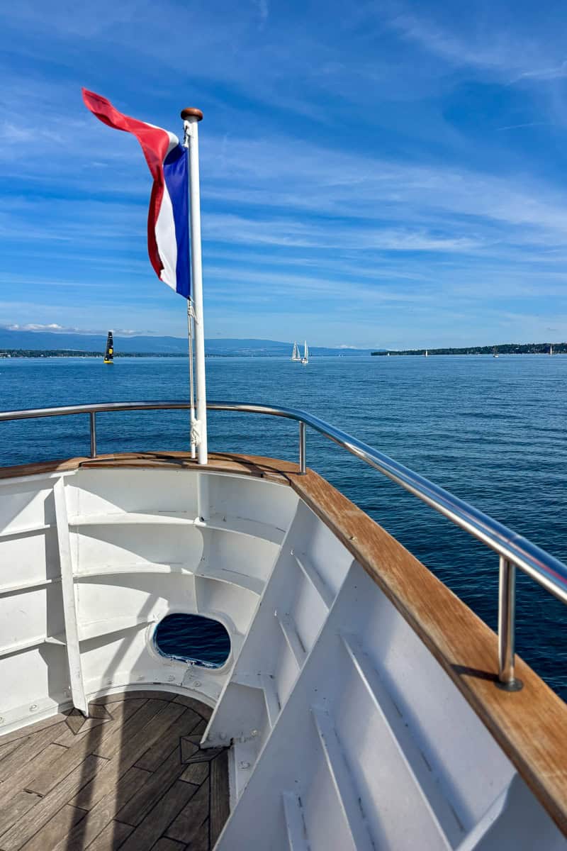 View from front of boat of Lake Geneva.