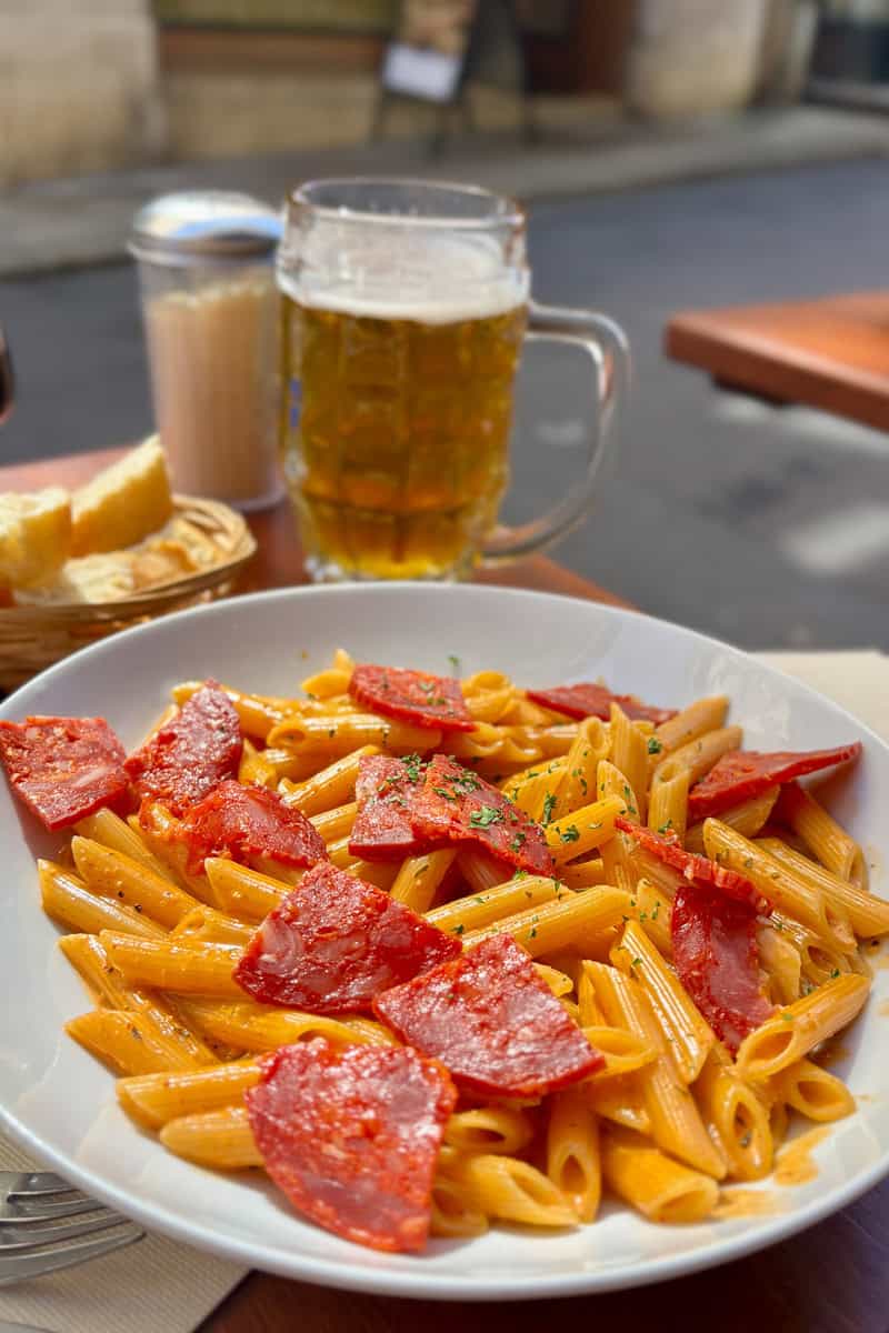 Penne with chorizo.