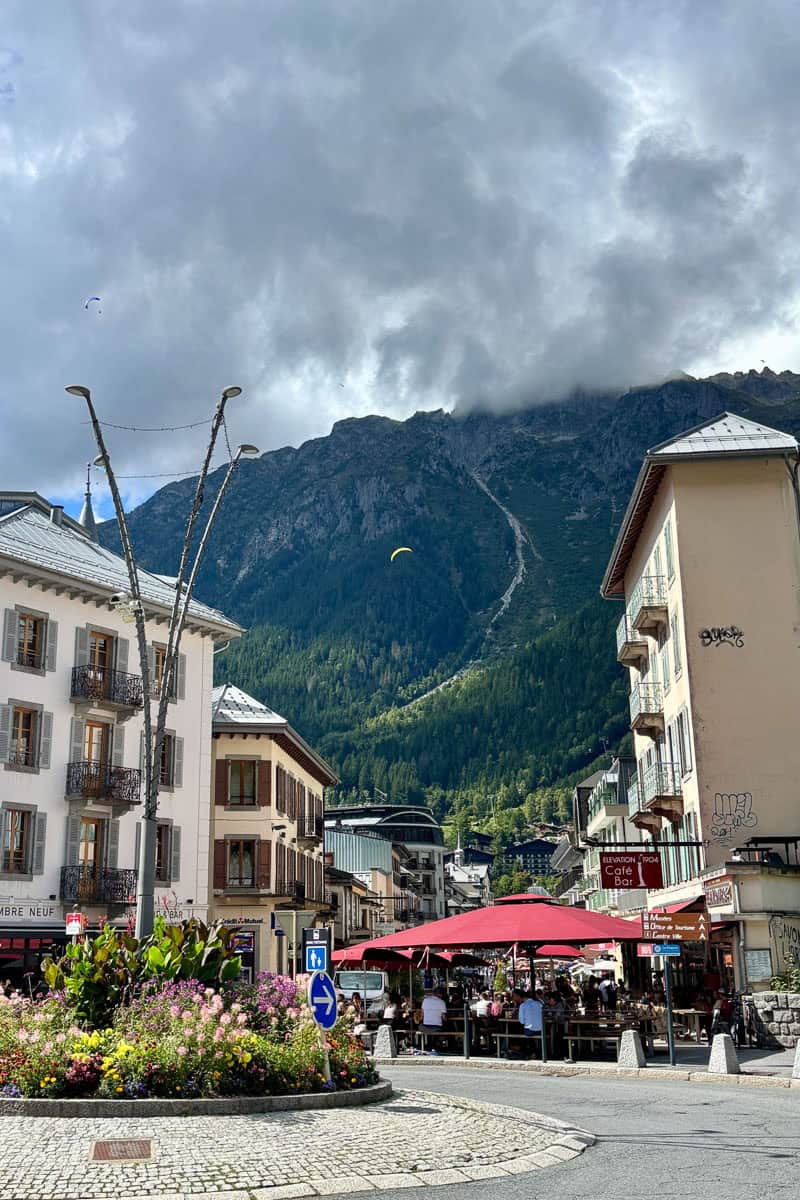Street scene in Chamonix with Mont Blanc in background.
