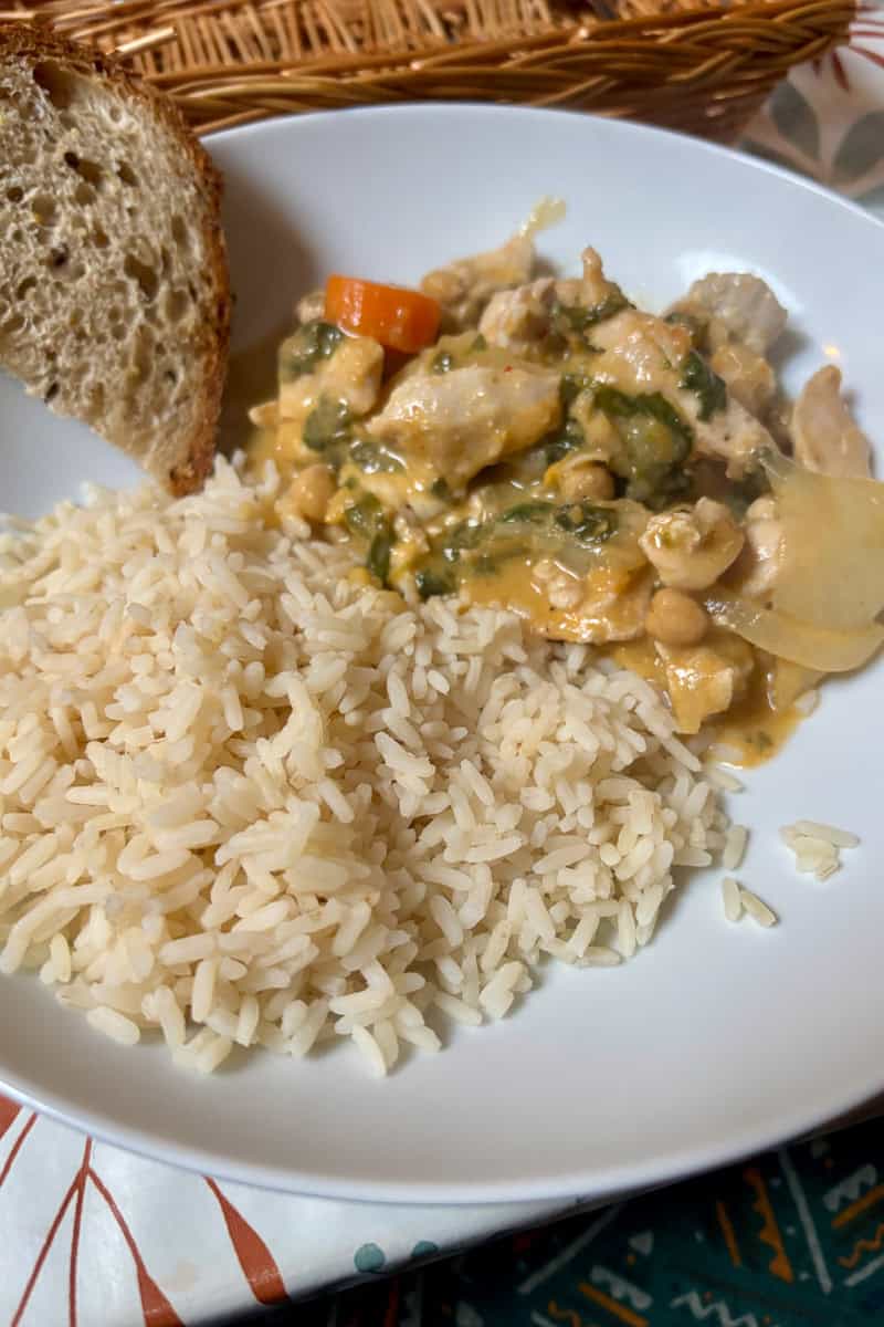 Plate of rice and chicken Thai curry.