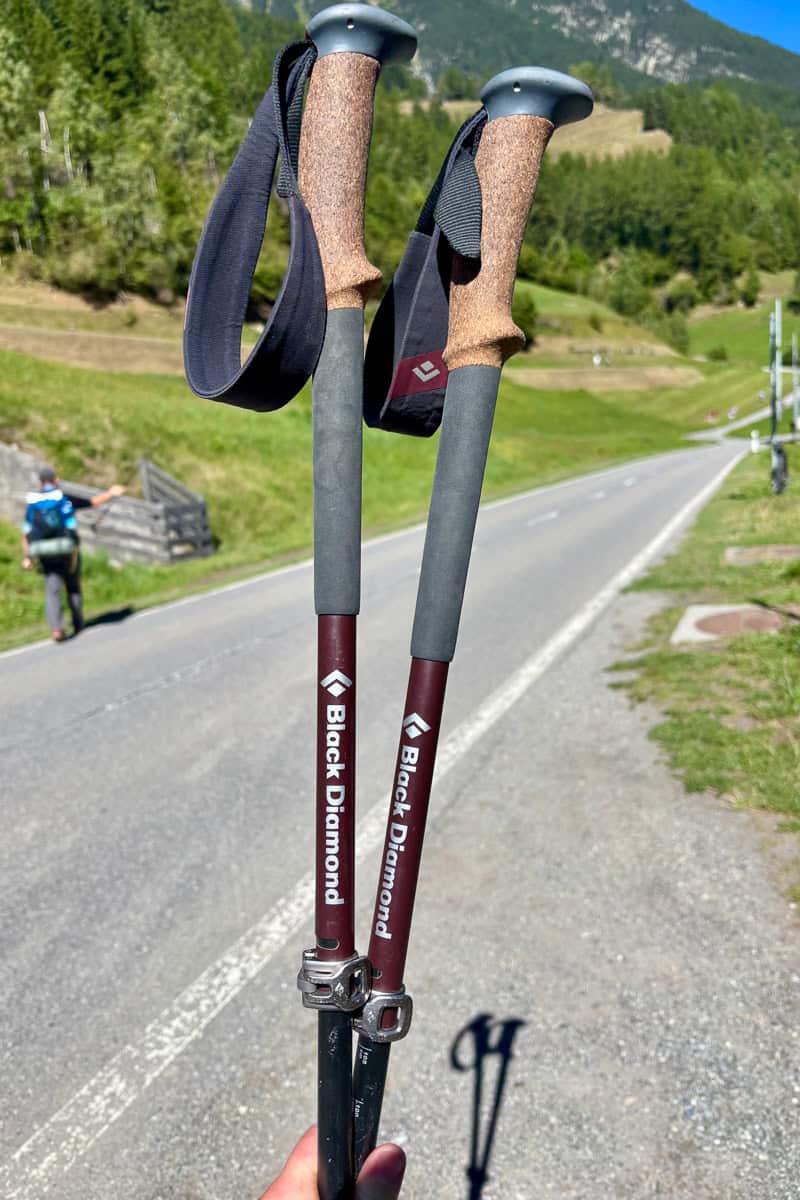 Two Black Diamond trekking poles used as backpacking gear for the Tour du Mont Blanc.