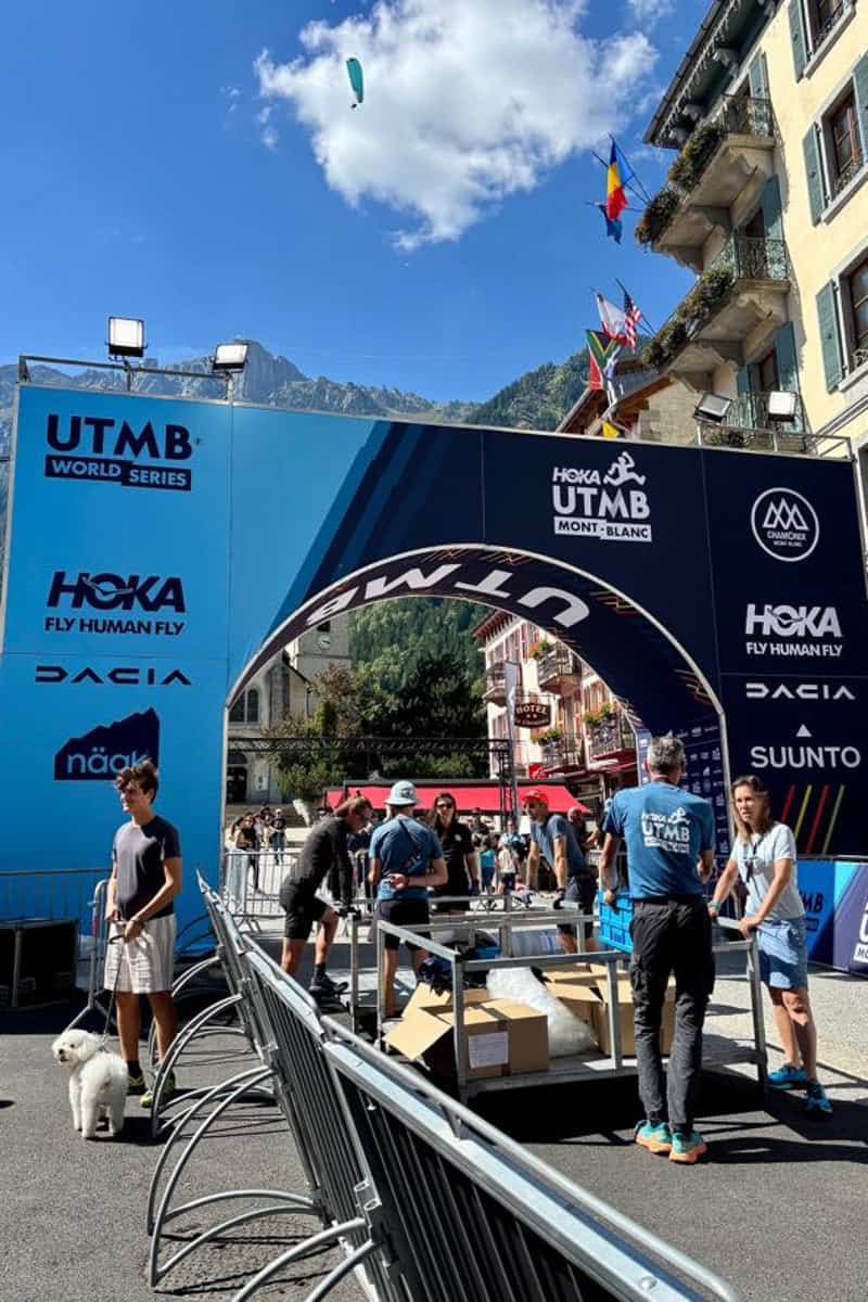Ultra marathon Mont Blanc signage and gateway in town of Chamonix.