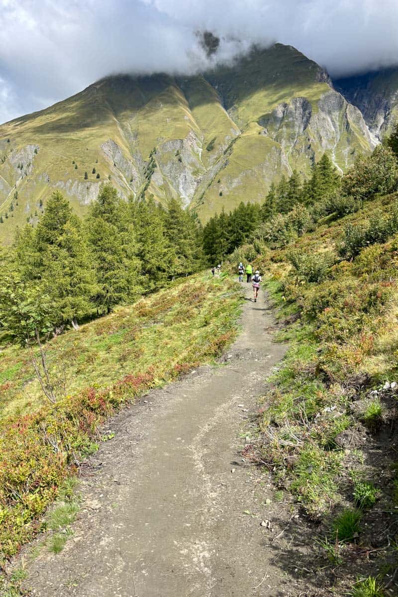 Backpackers on trail leading toward cloud-covered mountain.