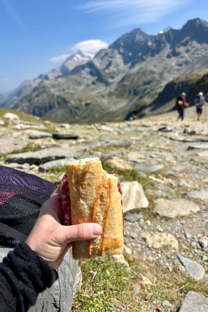 Holding sandwich with mountain view in background.