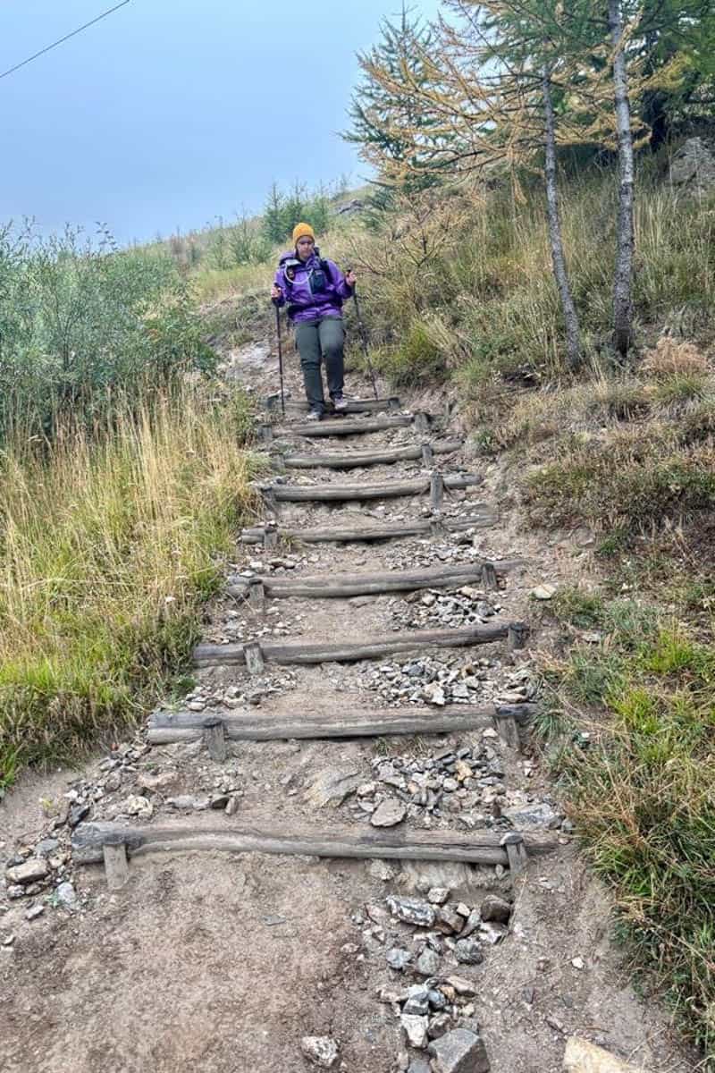 Hiker dressed for cold weather using trekking poles to navigate down hill.