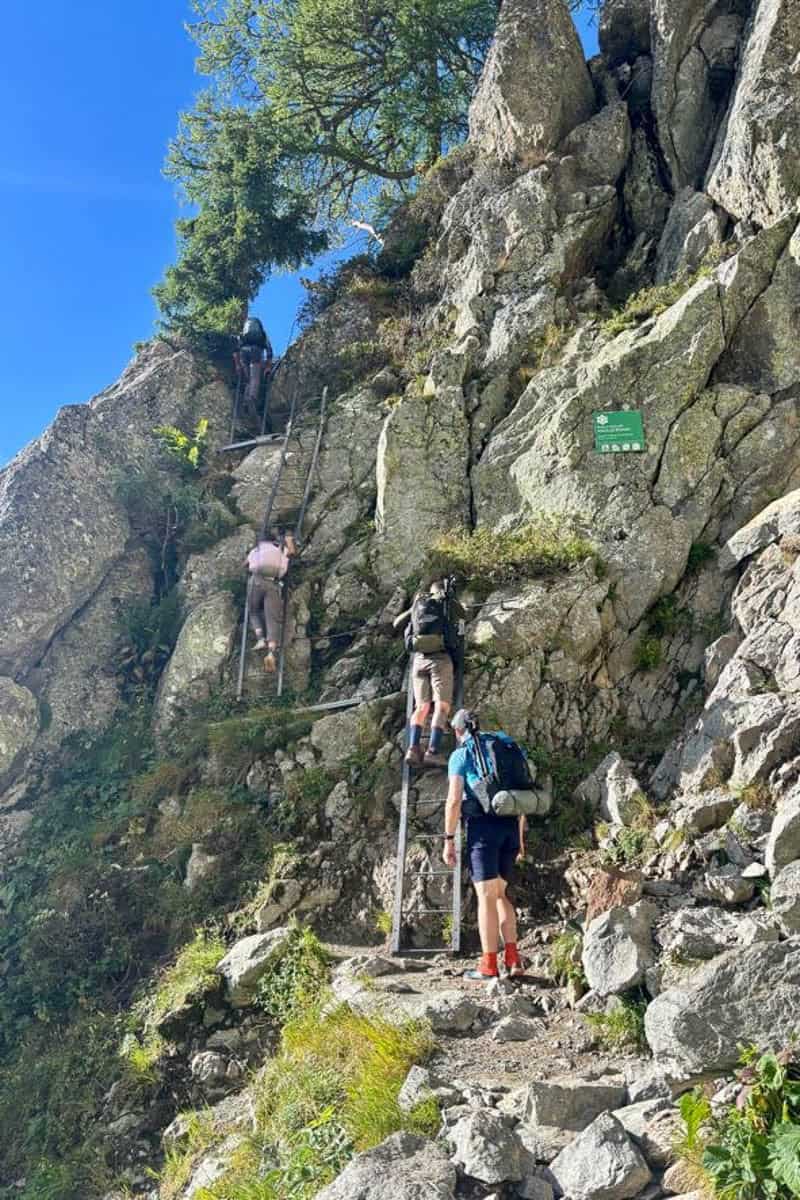 Hikers ascending ladders leaning against cliff face on Tour du Mont Blanc stage 10.