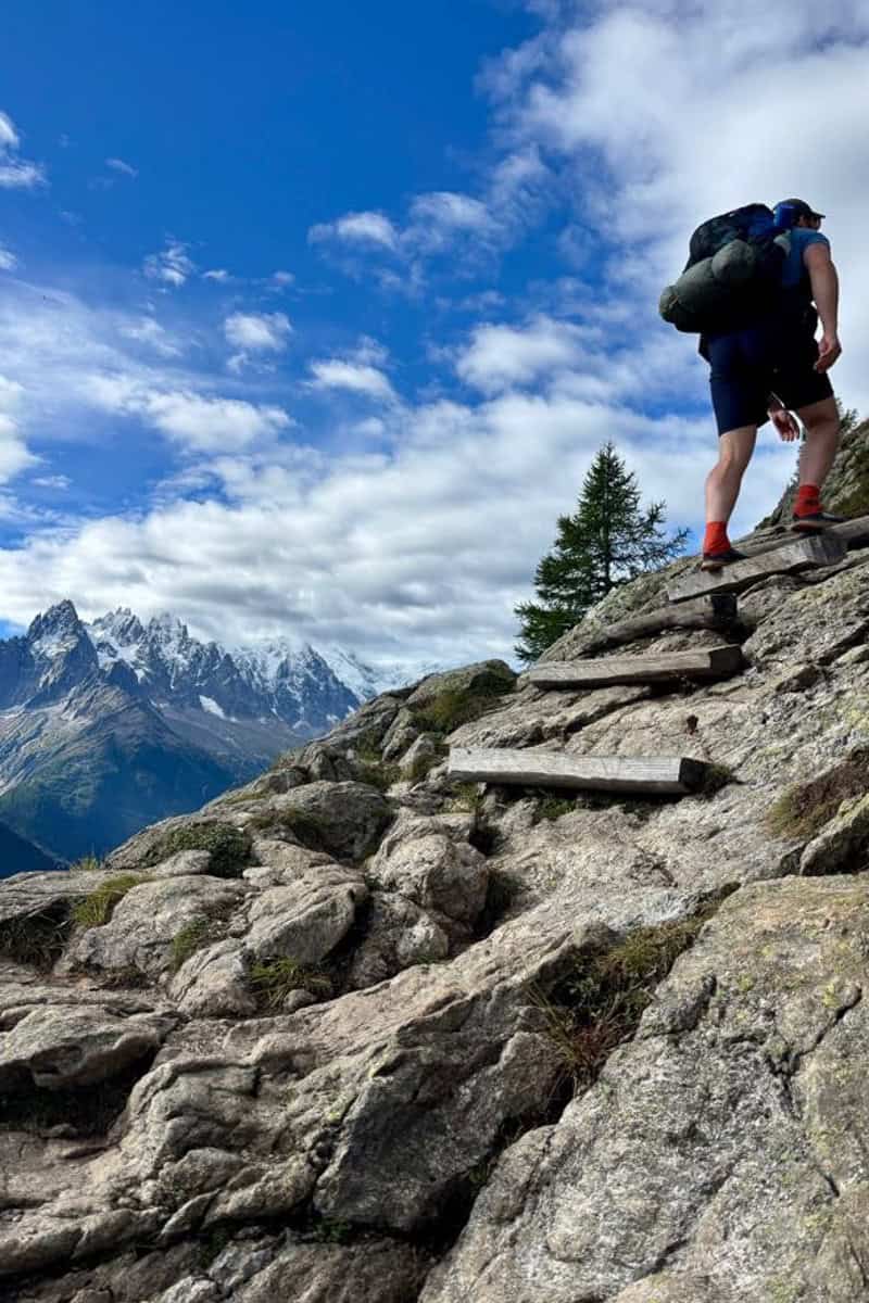 Wooden steps affixed into rocky mountain terrain on Stage 10 of the Tour du Mont Blanc.