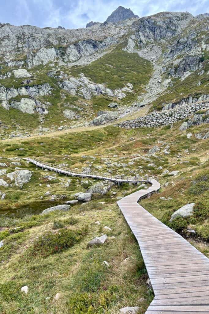 Boardwalk across rocky mountain terrain on Stages 10 and 11 of the Tour du Mont Blanc.