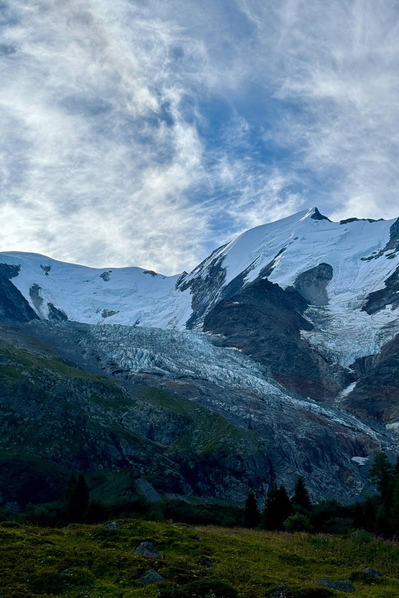 Snow-covered mountain peaks seen from Stage 1 of the Tour du Mont Blanc.