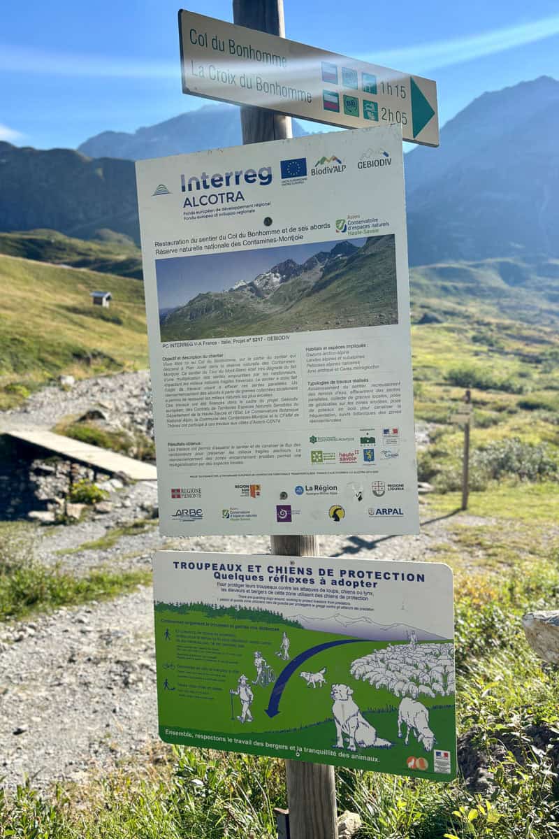 Trailside signs for Stage 2 of the Tour du Mont Blanc.