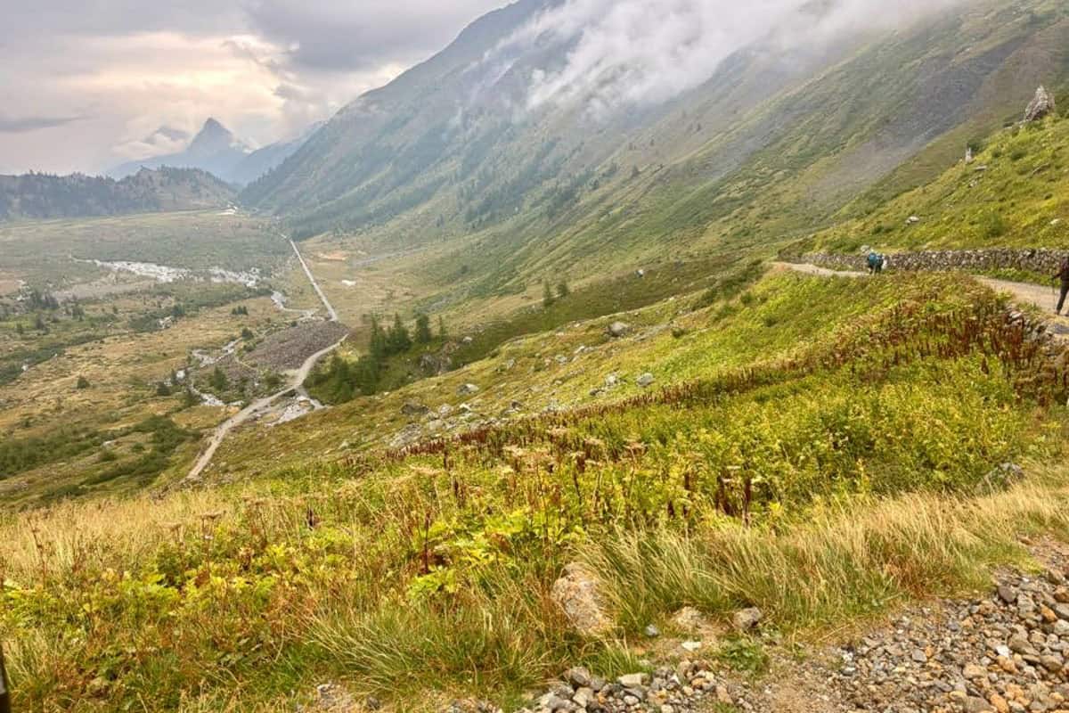 Trail sloping down mountainside on Stages 3 and 4 of the Tour du Mont Blanc.