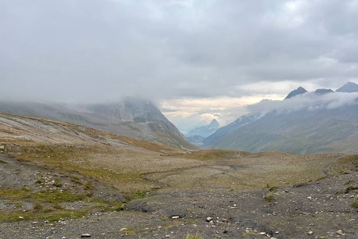 Mountaintops partially obscured by clouds on Stages 3 and 4 of the Tour du Mont Blanc.