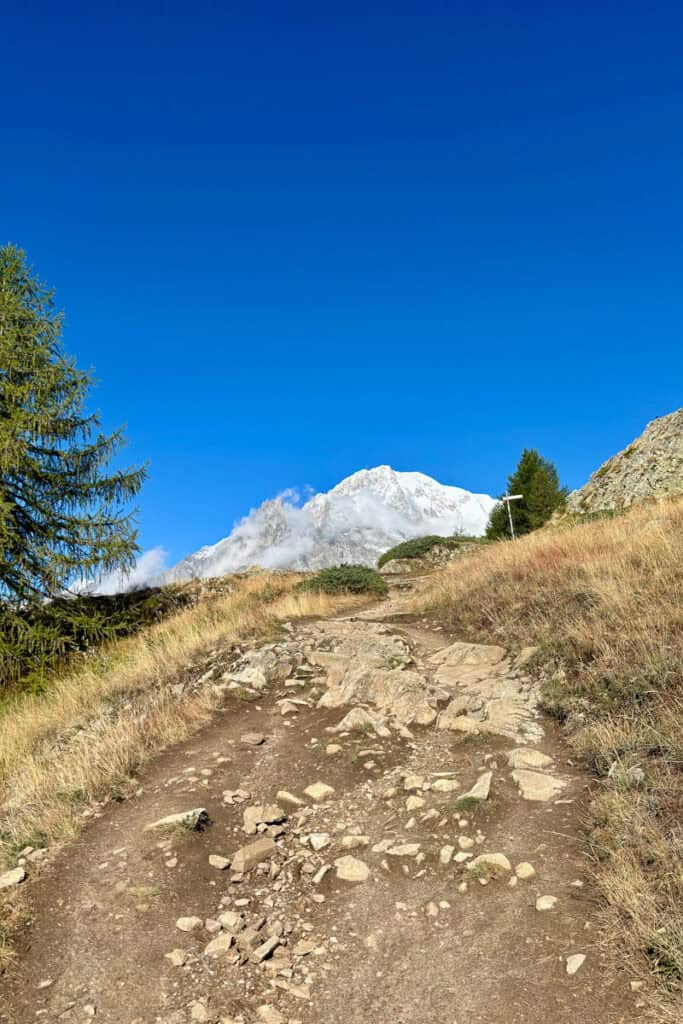 Peak of Mont Blanc appearing over horizon of uphill trail.