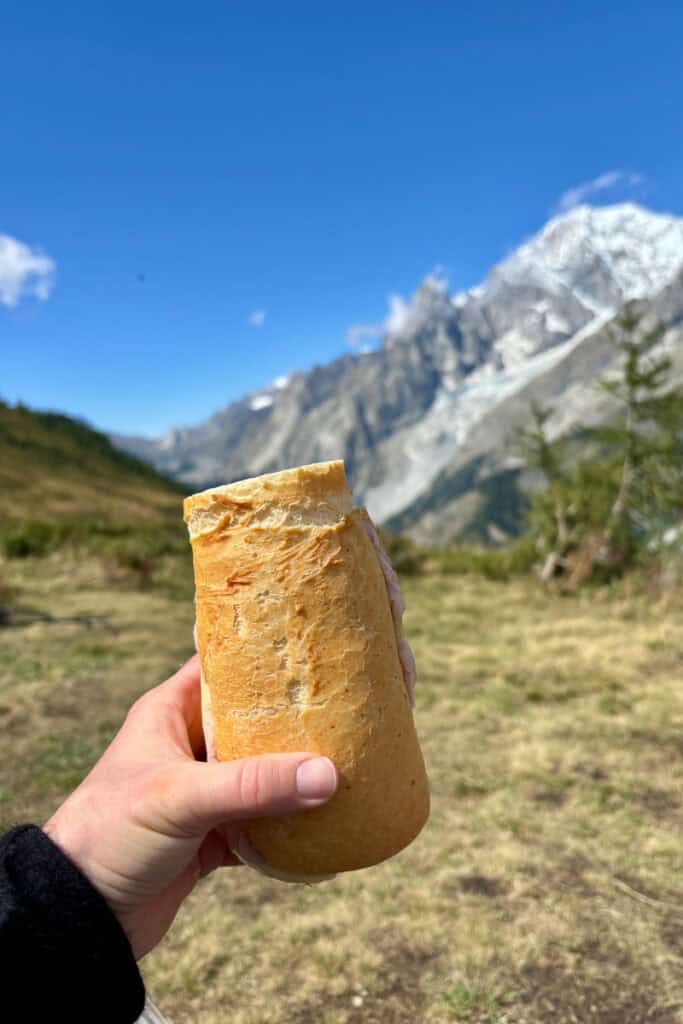 Sandwich in hand with view of mountains in background.