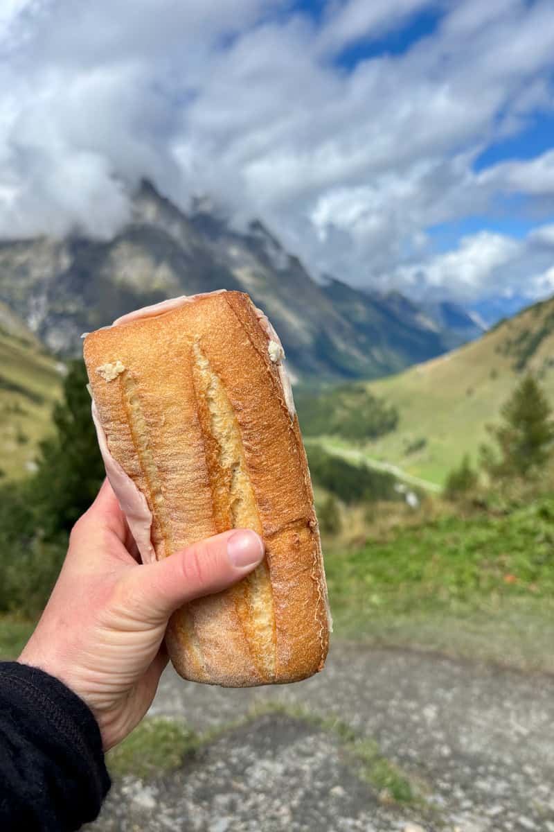 Sandwich in hand with view of mountains in distance.