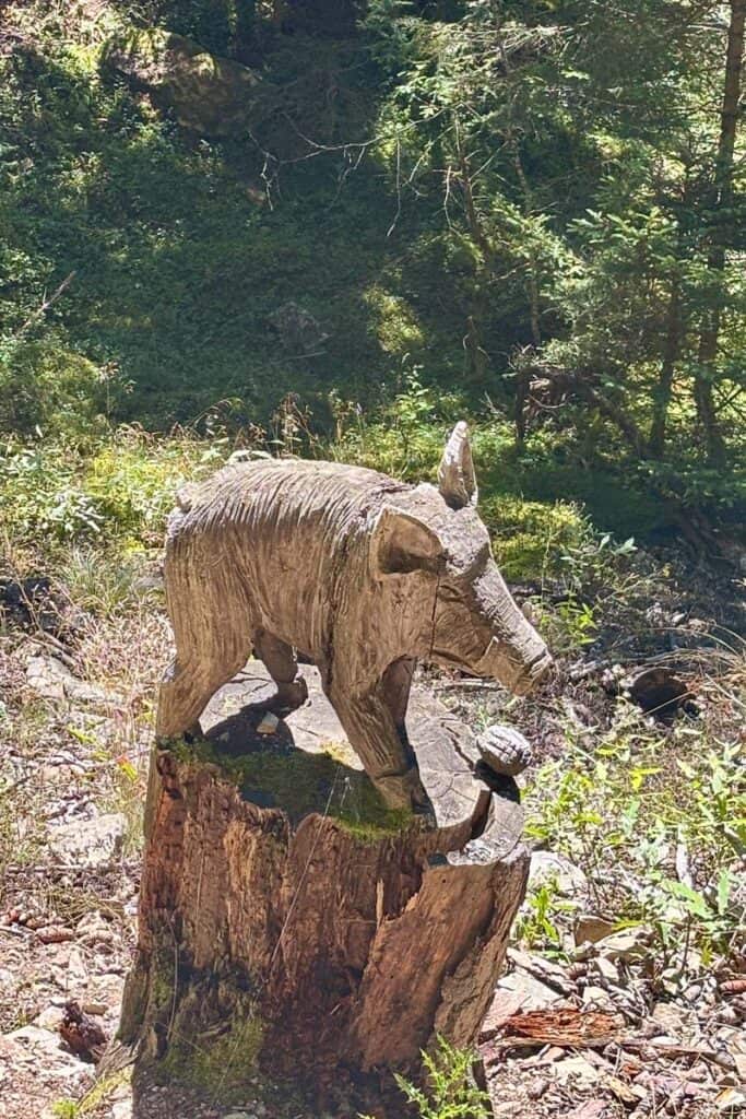 Wooden sculpture of boar alongside trail.