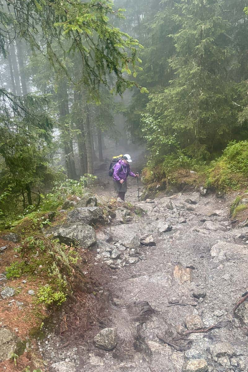 Backpacker dressed for rain climbing rocky uphill trail on Stage 8 of the Tour du Mont Blanc.