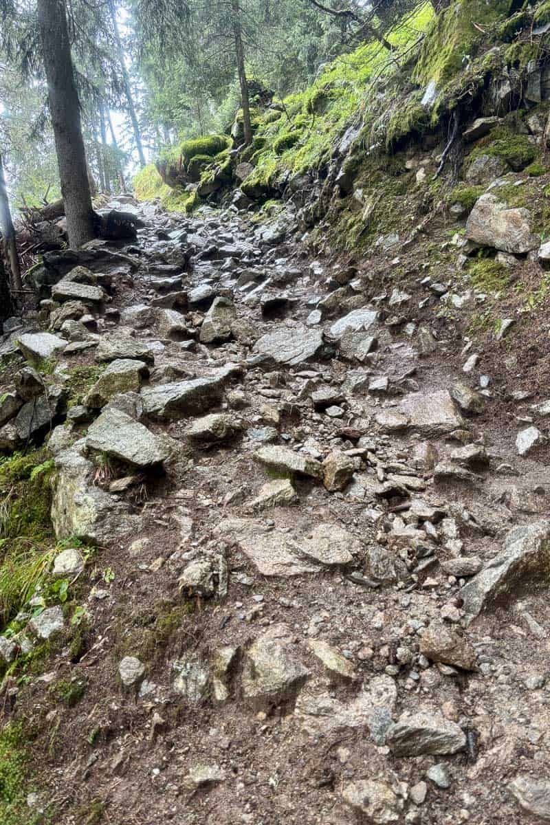 Trail strewn with large rocks up hill on Stage 8 of the Tour du Mont Blanc.