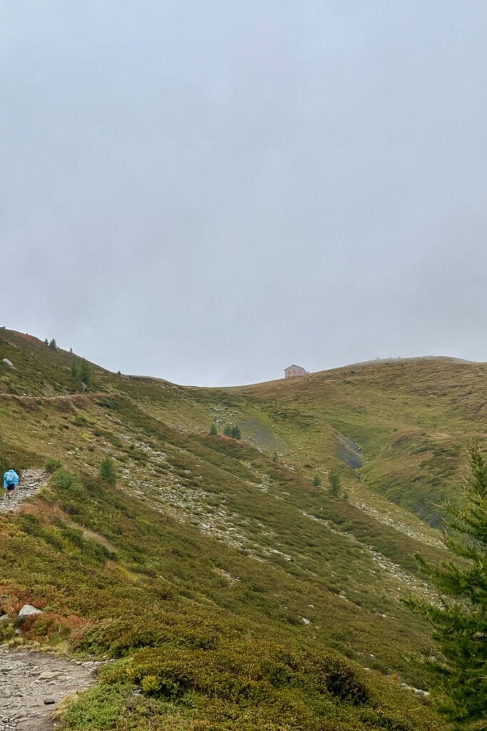 Bare top edge of hillside against a grey sky with a small refuge hut just visible on horizon.