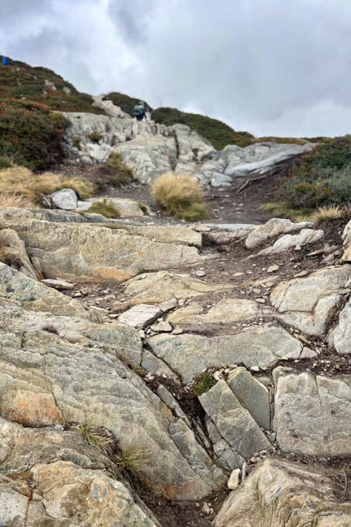 Slabs of rock on steep trail on Stage 9 of the Tour du Mont Blanc.